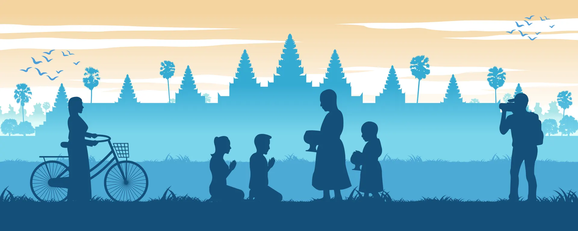 Illustration de l'horizon du Cambodge avec Angkor Wat et des monuments traditionnels